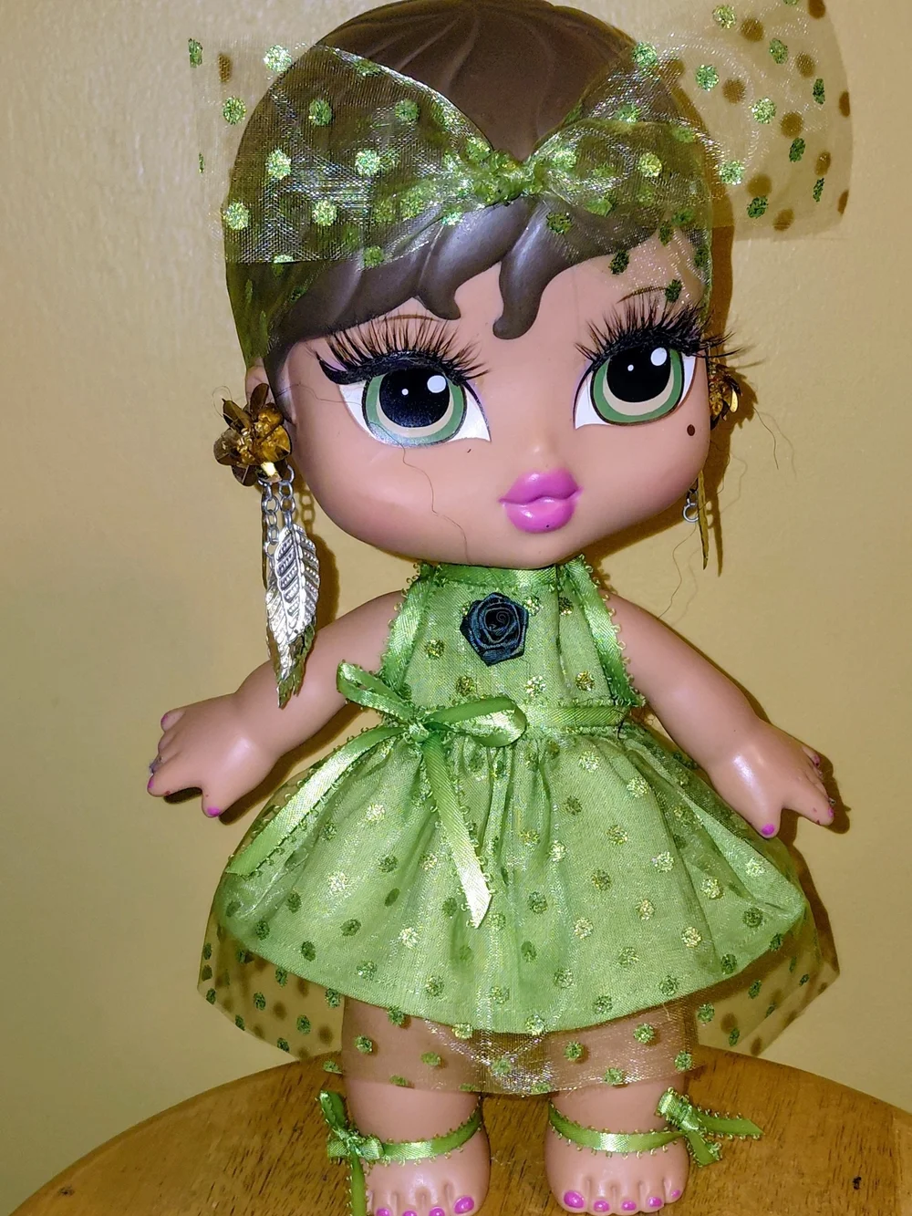 New Handmade Green Polka Dot Dress For Bratz Big Babyz Doll with Headband, 12